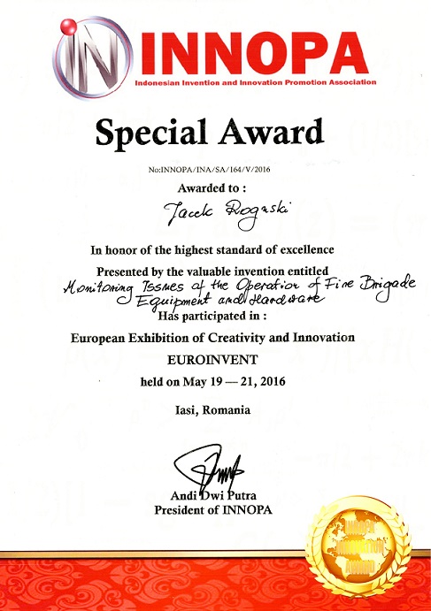 Złoty medal za monografię „Problemy monitoringu eksploatacji sprzętu i wyposażenia w straży pożarnej”