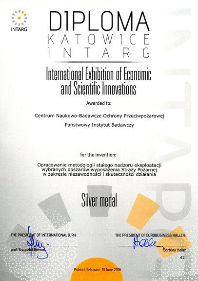 dyplom Srebrny medal  podczas 9. Międzynarodowych Targów Innowacji Gospodarczych i Naukowych „INTARG 2016”