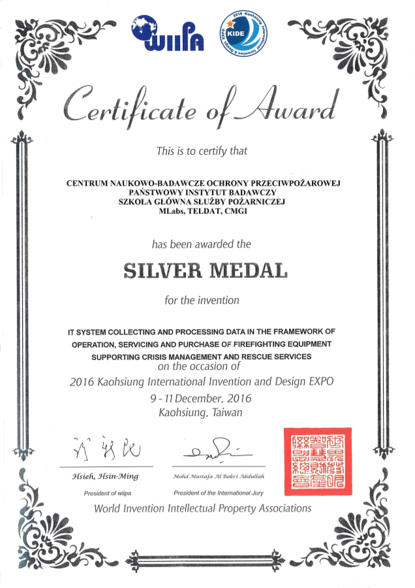 Dyplom otrzymany podczas Międzynarodowych Targów Wynalazczości i Designu KIDE 2016 