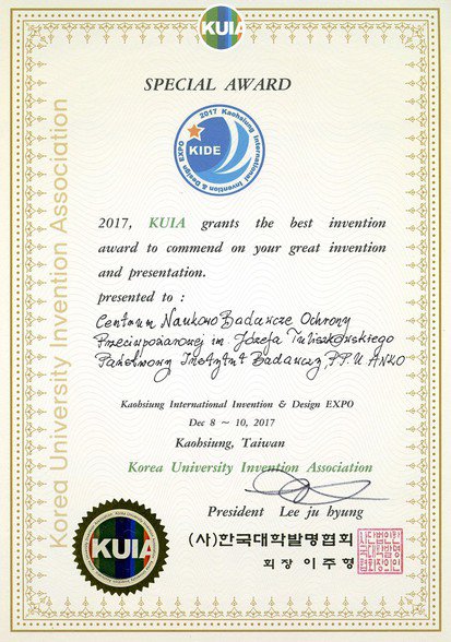 Dyplom nagroda specjalna Korea University Invention Association  